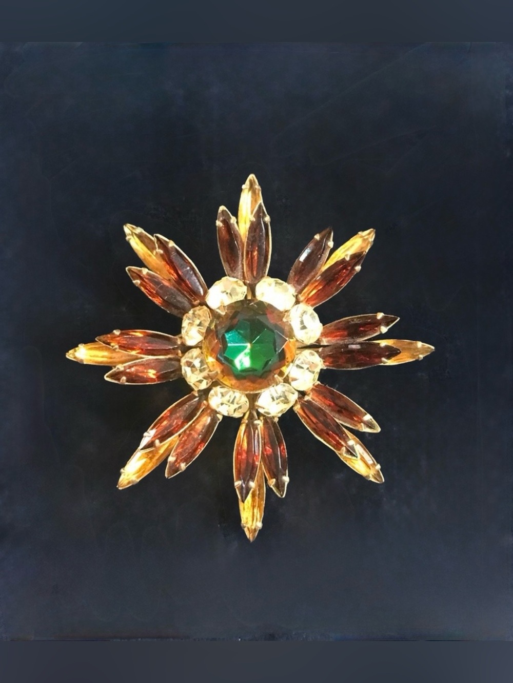 Vintage RHINESTONE BROOCH—Gold Tone w/ Amber, Clear, & Green Rhinestones